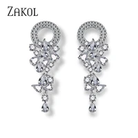 zakol blue round marquise cut cubic zirconia long dangle drop earring for women fashion leaf bridal wedding jewelry fsep154