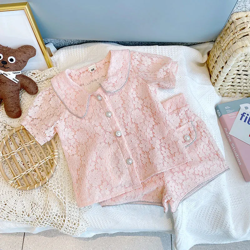 Комплект одежды для девочек новая модная розовая футболка с цветочным кружевом и