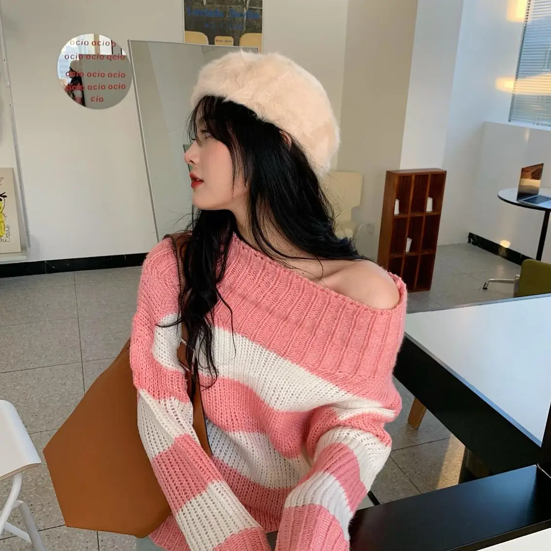 

GRUIICEEN Turtleneck Strapless Pink Striped Autumn Winter Wool Loose Knitting Women Sweaters Long Sleeve Pullover Coat