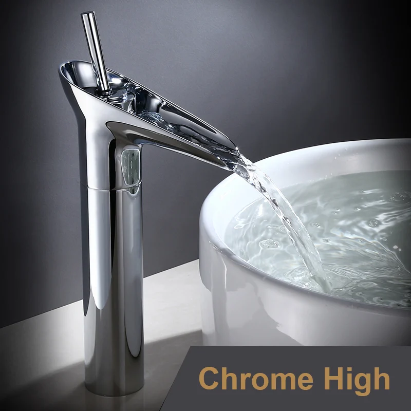 Chrome High Водопад антикварные краны ванная раковина кран черный латунный Смеситель для раковины краны горячей и холодной воды винный стеклянный стиль ретро Каскадный кран - Цвет: Chrome High
