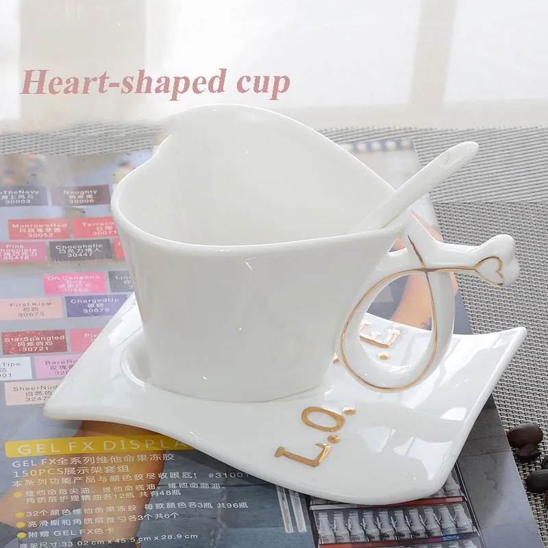 Cup Bone China Ceramic heart cup creative couple set coffee with spoon gift pink white | Дом и сад