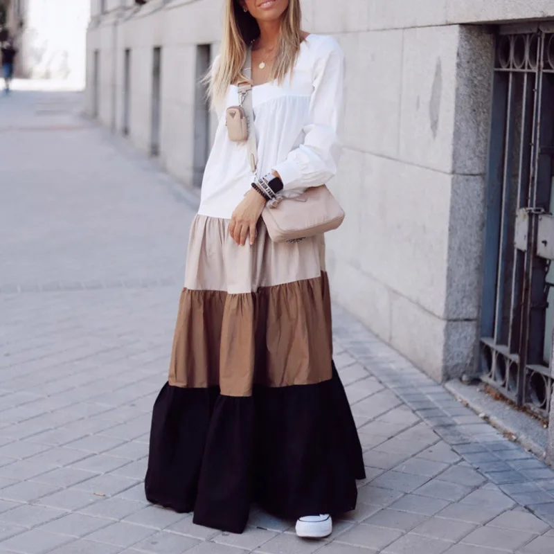 

Women Vintage Long Sleeve Patchwork Pleated Dresses Ladies Sexy Slash Neck Loose Party Dress Autumn Casual Female Dress Vestidos