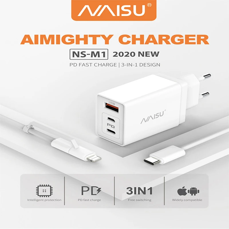 NAISU 3 в 1 PD зарядное устройство Micro USB Type-C кабель адаптер для зарядки комплект шнур