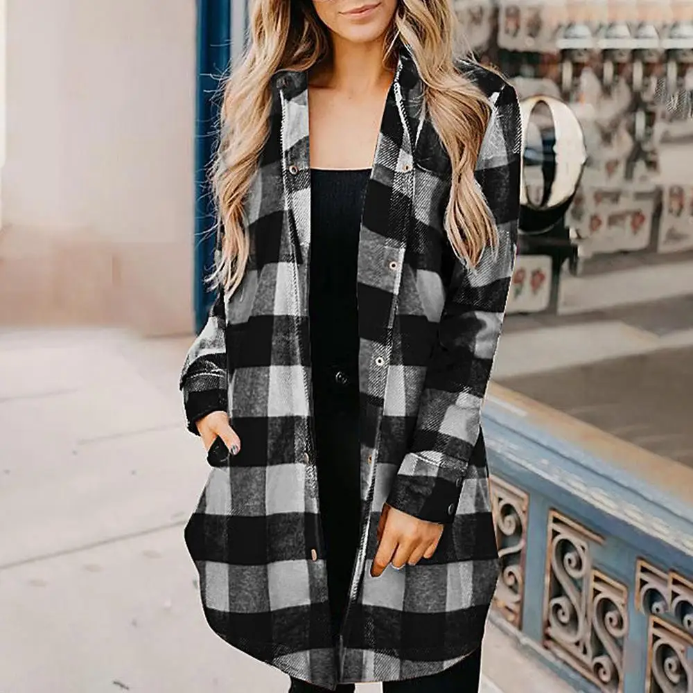 

2021 Women's Plaid Buttons Cardigans Open Front Long Sleeve Coat Winter fashion casual ladies cardigan sweater Mid-length Coat
