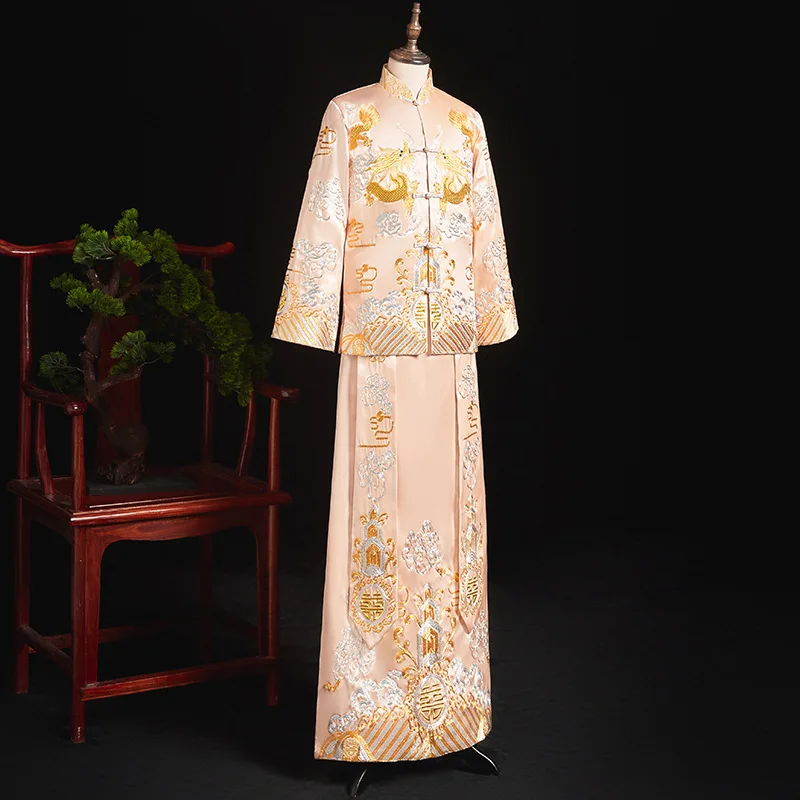 

New Bridegroom Wedding Costume Chinese Style Marriage Set Suzhou Embroidery Tang Suit Oriental Qipao For Men Toast Clothing