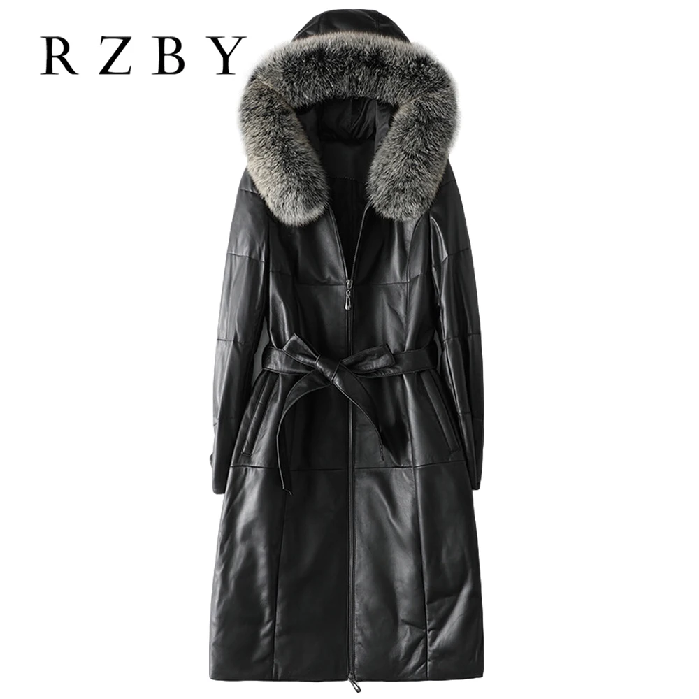 

Women's Leather Jacket for Winter 2020New Big Fox Fur Collar White Duck Down Coat Sheepskin Chaqueta Slim Long With Hood RZBY223