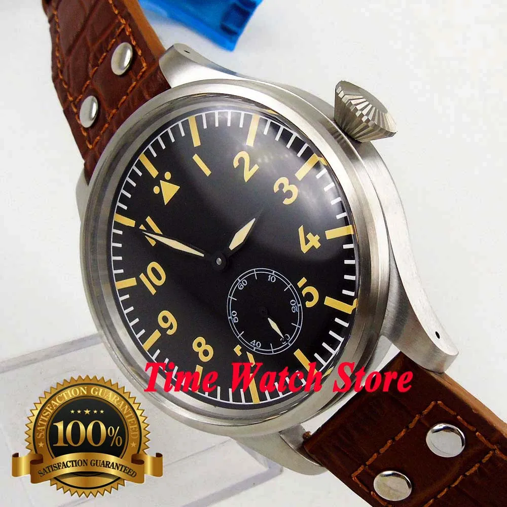 Big face 55 мм Parnis 17 jewels 6498 Мужские часы с ручным заводом, водонепроницаемые, черный, со строгим циферблатом, светящийся кожаный ремешок 900