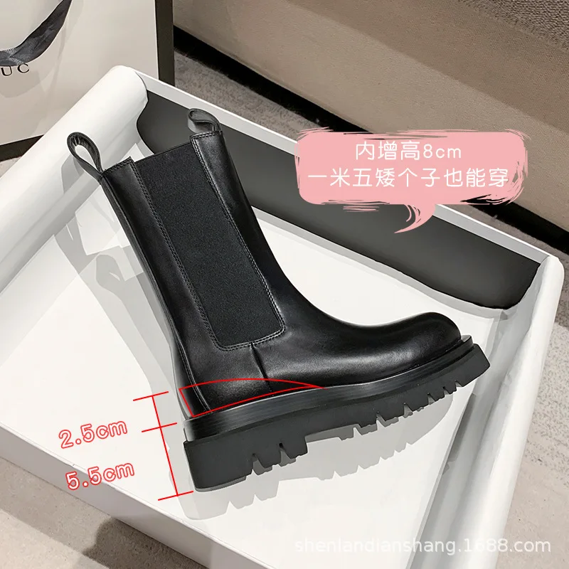 

2021 New Increased Genuine Leather Martn Boots Women's Autumn Winter Plus Velvet British Style Thick-soled Chelsea Short Boots