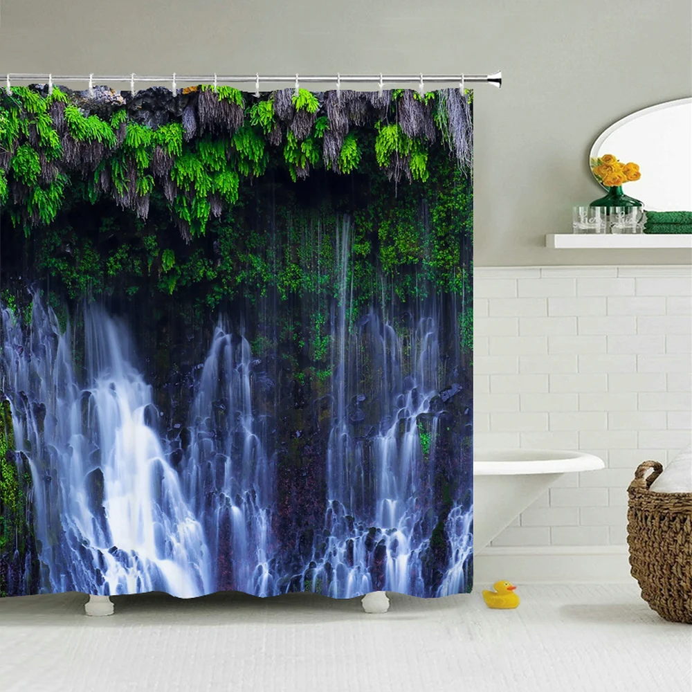 

High Quality landscape Waterfall Fabric Shower Curtains Natural Forest Scenery 3D Printing Bathroom Curtain with 12 Hooks