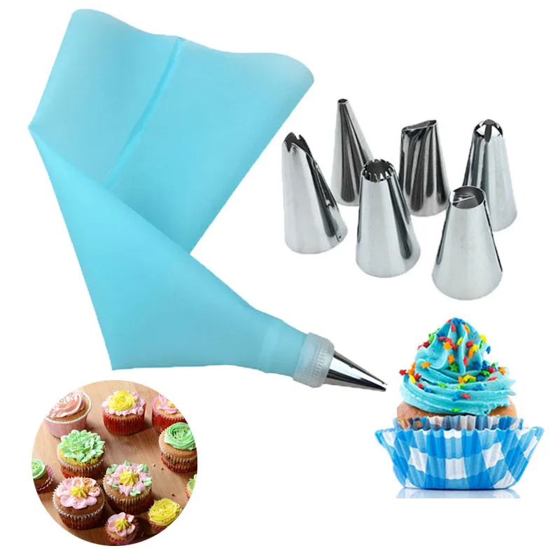 

8 PCS/Set Silicone Kitchen Accessories Piping Bag Cream Pastry Bag + 6 Stainless Steel Nozzle Set DIY Cake Decorative Tips Set