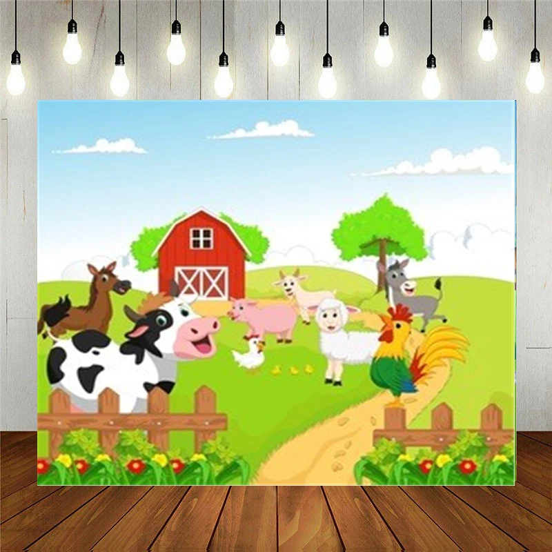 

Nitree Photo Studio Props Vinyl Photography Backdrop For Kids Birthday Party Cartoon Happy Farm Animals Cow Sheep Pig Red Barn