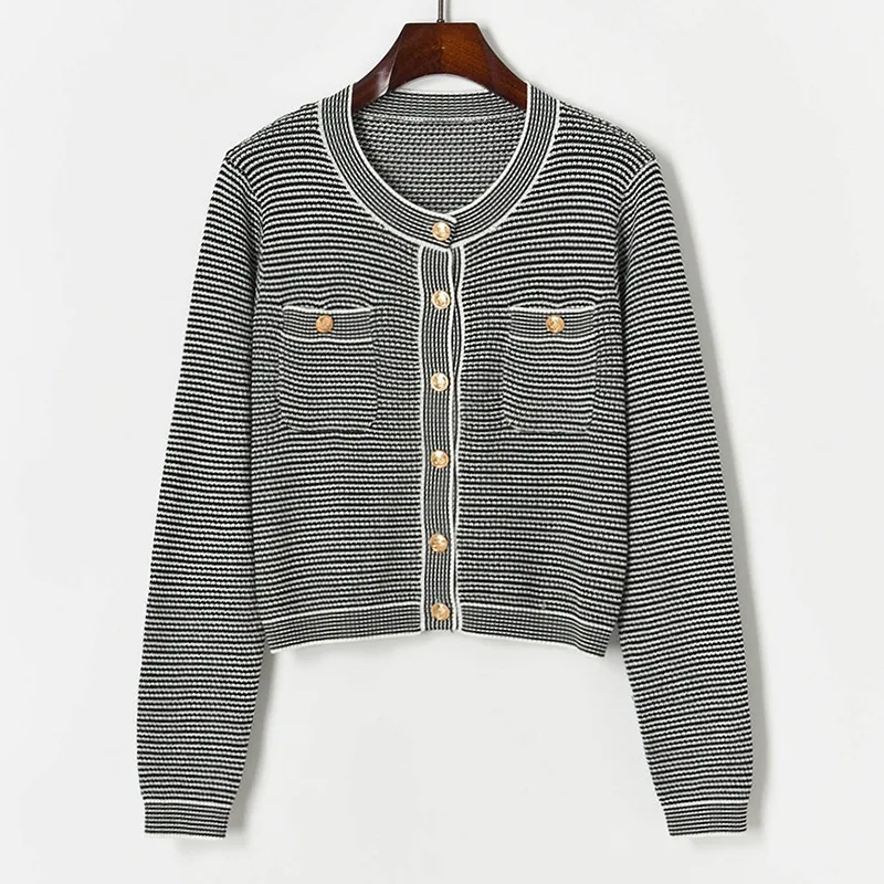 

2021 Spring Fashion Striped Knit Cardigan Women's Double Pocket Long Sleeve Single Breasted Sweater Jacket