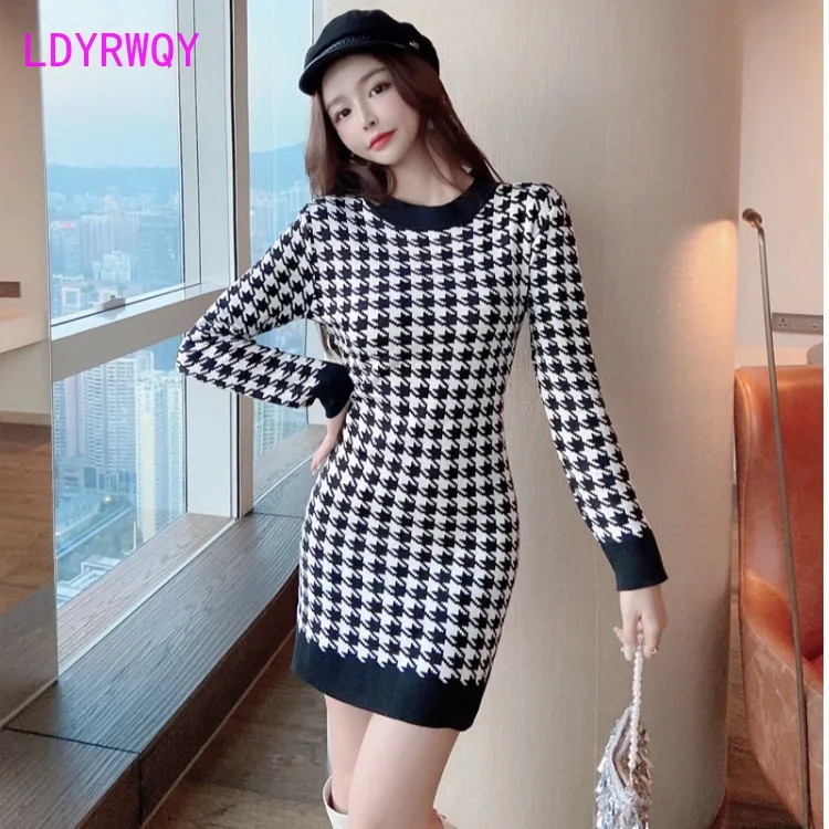 

Women's spring 2021 new products Korean temperament round neck lattice knit bag hip dress Sheath Office Lady