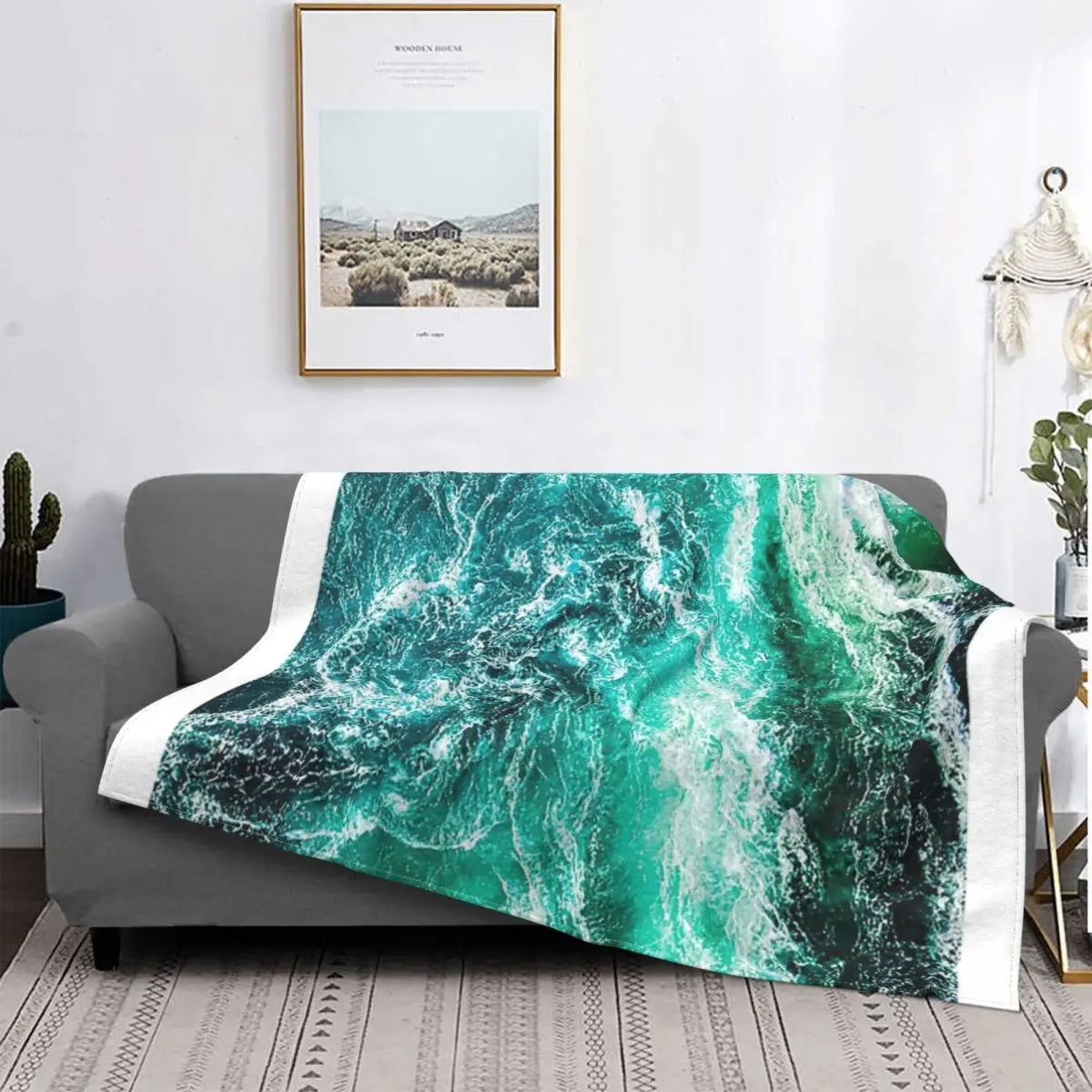 

Manta con capucha para cama, edredones a cuadros con vista superior hacia abajo, manta con estampado de olas del océano verde, d