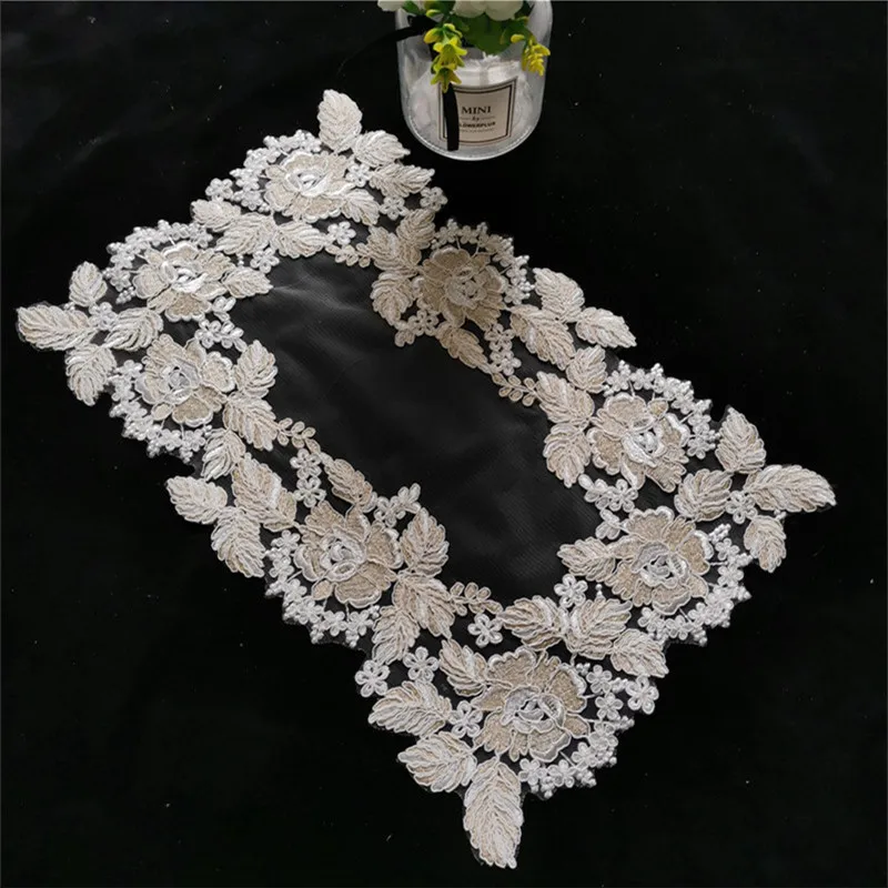 

European Transparent Lace 3D Embroidery Rectangular Placemat Table Mat Coffee Bar Fruit Plate Electrical Decoration Cover Cloth