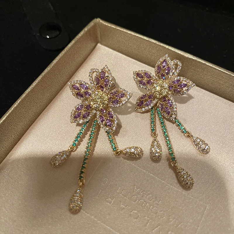 

High Quality Cubic Zircon Zircon Purple Flower Earrings Exquisite Water Droplets Tassel Banquet Party For Women Jewelry