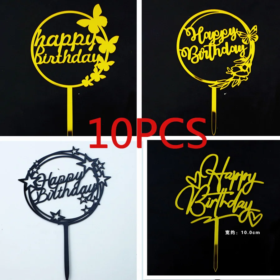 

10PC/Acrylic Cake Topper Gold silver Flash Cake Toppers Happy Birthday Party Decoration For Home Party Supplies Cupcake Topper