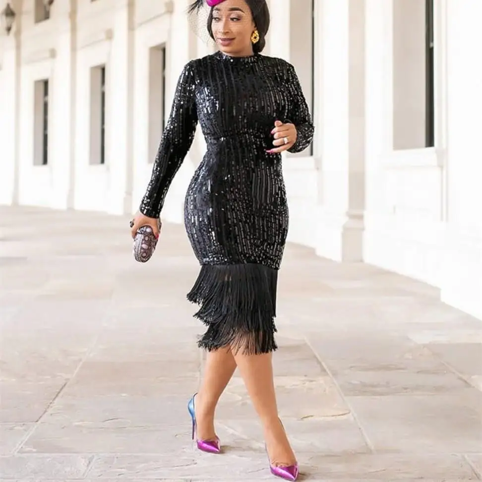 Женское облегающее платье с длинным рукавом блестками кисточками для вечеринки