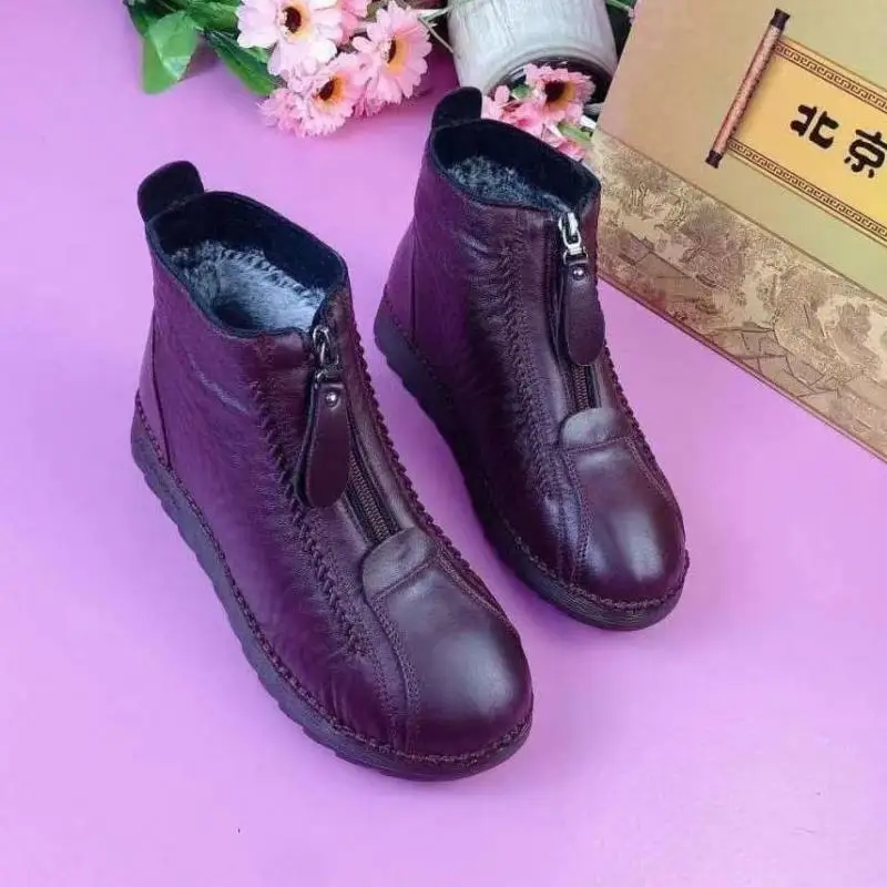 

2022 New Paragraph Soft Pu Leather Women Modern Boots Non-Slip Mid-Tube Short Plush Snow Boots Front Zipper Warm Shoes for Women