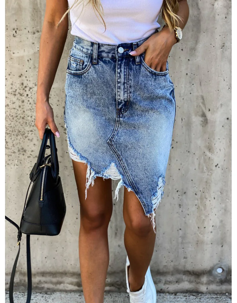 

Woman Trendy Retro Washed Irregular Denim Skirt Female Summer High Waist Denim Skirts Elastic Bodycon Hip jeans