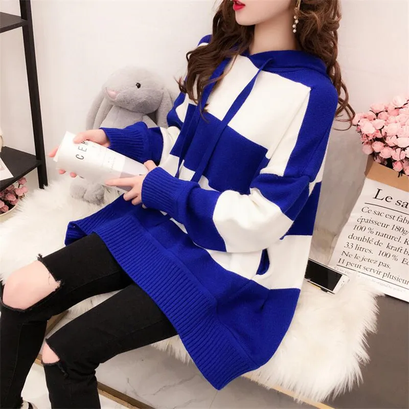 2019 осенний и зимний свободный свитер в полоску с капюшоном женский корейский