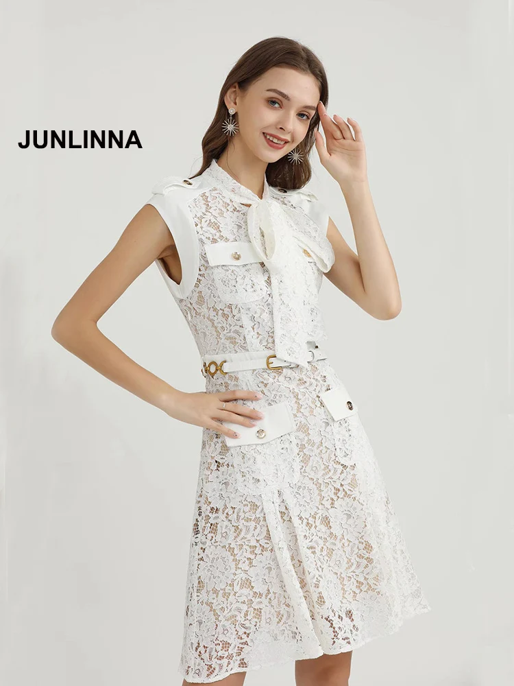 

JUNLINNA Women Lace Dress Scarf Collar Sleeveless Fashion New Summer Vestidos High Quality Hook Floral Hollow out Dresses