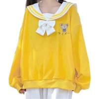 harajuku cute hoodie women lolita kawaii bear print sweatshirt teen girls streetwear sailor collar jk bowknot tie pullover top