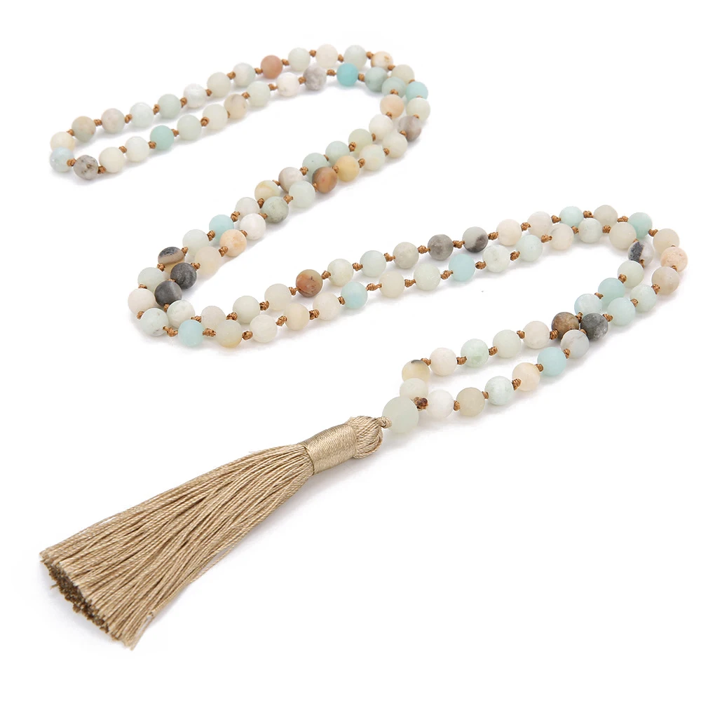 

Fashion 108 Mala Amazonite Necklaces Men 6/8mm Amazons stone Meditation Prayer Tassel Necklaces for Women Buddhism Jewelry Gift