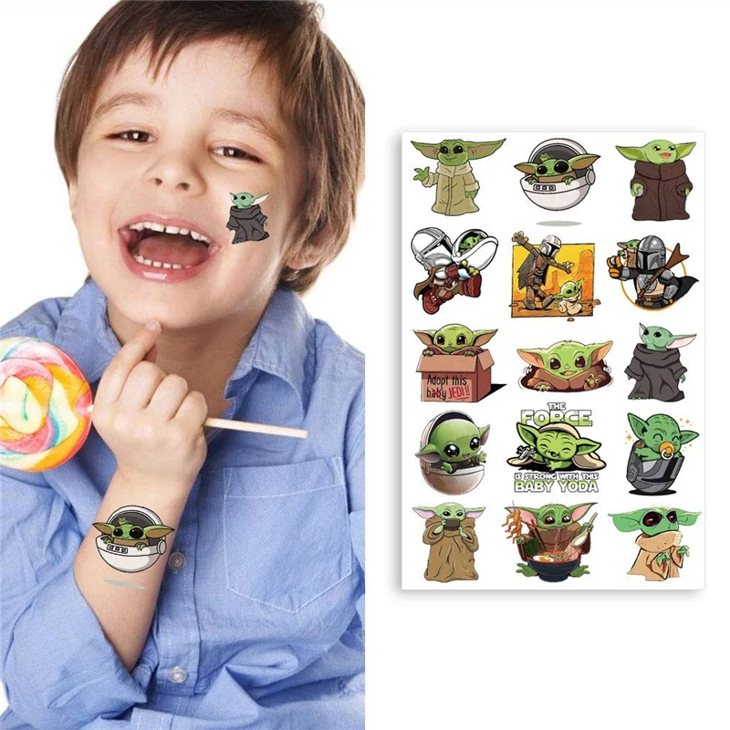 Pegatinas de tatuajes de Star Wars Para Ni&ntilde;os, figuras de acci&oacute;n de dibujos animados Mandalorian, Yoda, pegatina impermeable para beb&eacute;, regalos de Navidad y cumplea&ntilde;os, 1 Uds.-1