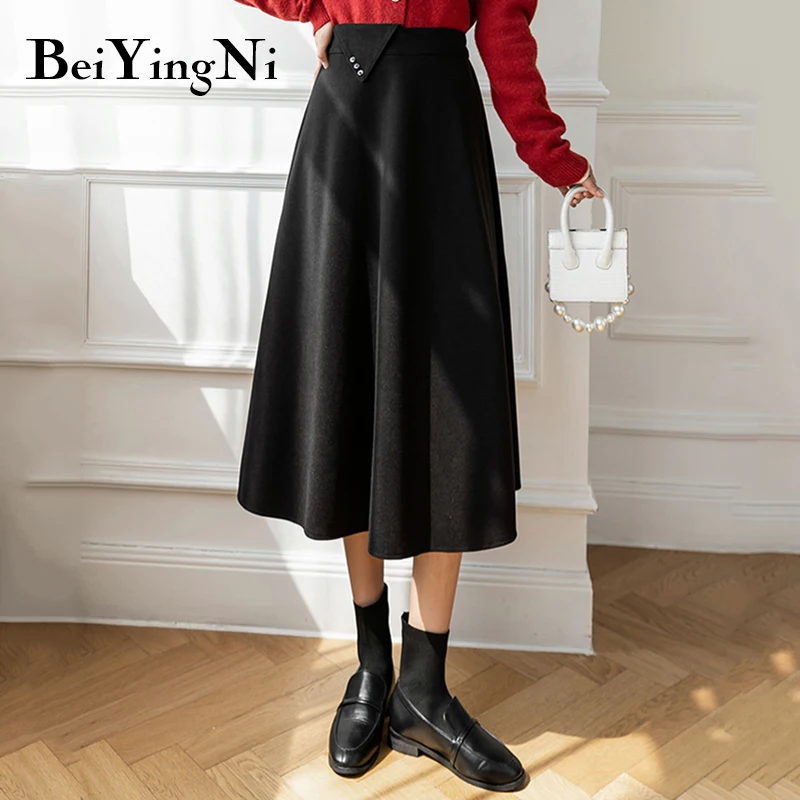 

Beiyingni Women Plain Midi Skirt Elastic Waist Vintage Elegant Harajuku Long Skirts Office Ladies Chic Leisure Solid Color Falda
