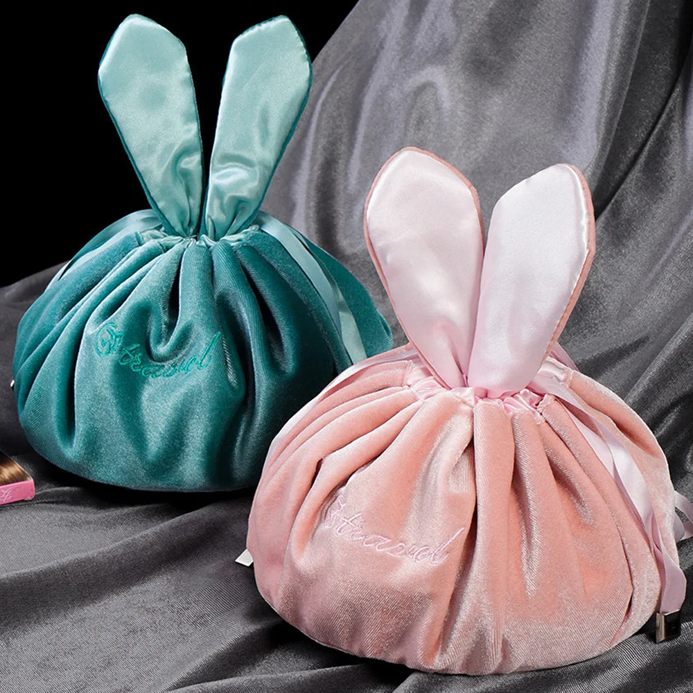 

Web celebrity velvet lazy people travel makeup bag portable rabbit ears cosmetics receive bag draw string ins wind toiletry bags