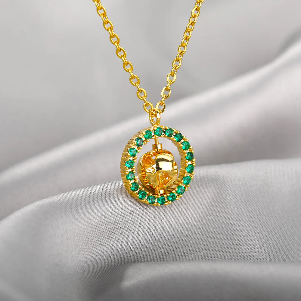 

Rotatable Round Map Ball Necklaces For Women Green Zircon Planet Stainless Steel Gold Charm Pendant Chain Choker Jewelry Gift