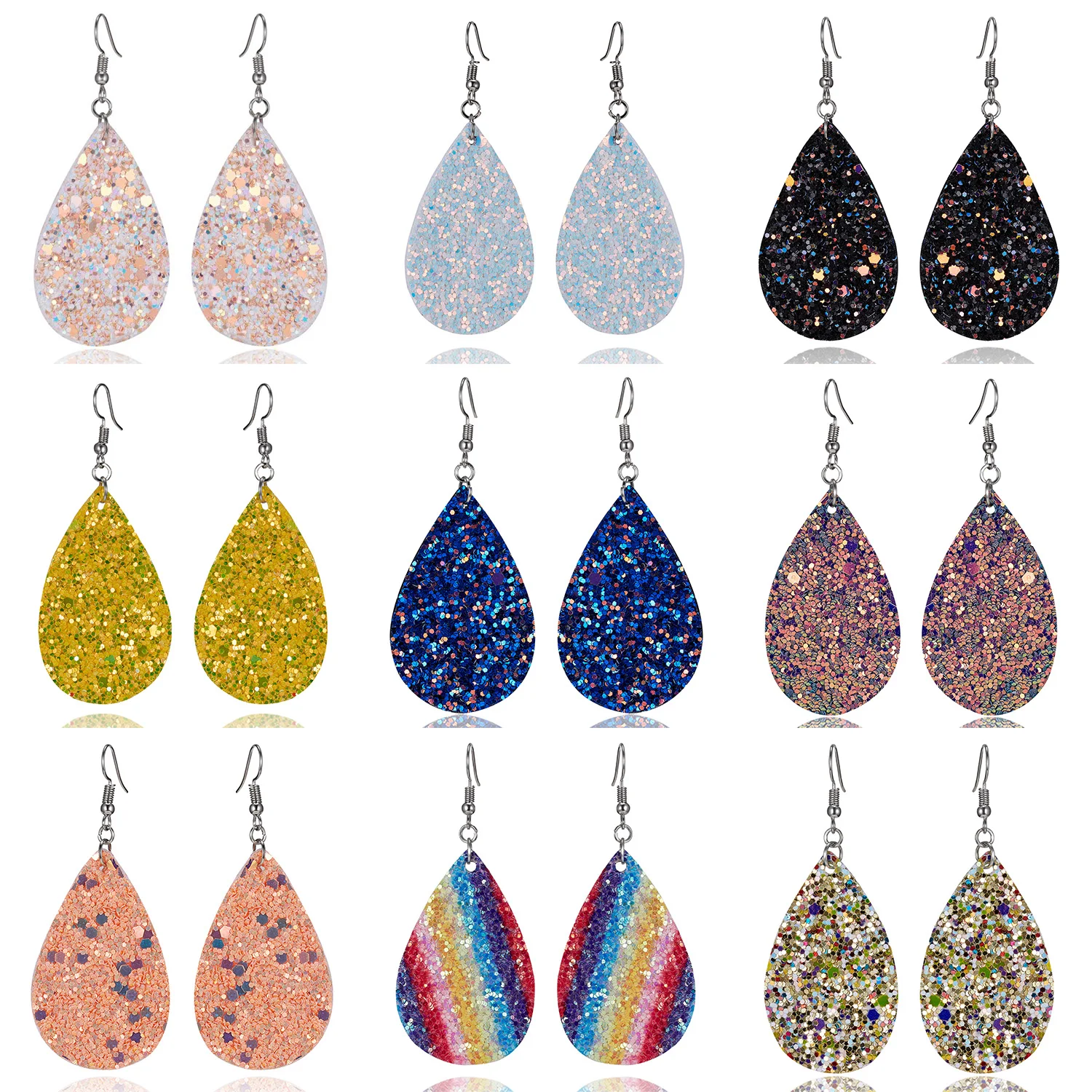 

New Boho Multicolor PU Leather Water Drop Earrings For Women Shiny Sequins Teardrop Dangle Earring Female Fashion Jewelry