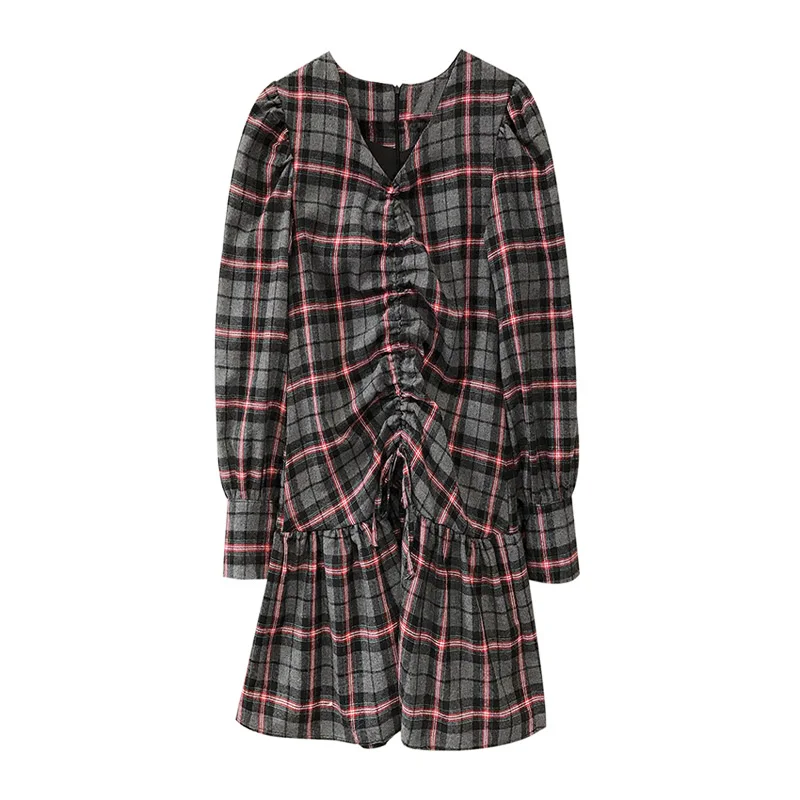 

PERHAPS U Gray Plaid V Neck Long Sleeve Mini Dress Drawstring Lace Up D1568