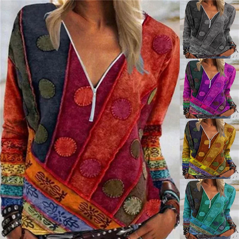

Women T-shirt Spring New Vintage Printed Zipper V Neck Long Sleeve Ladies Summer T-shirt Casual Top