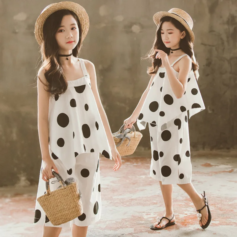 

2021 spring kids Baby Girls clothes teenager Suits White cow Polka dot T shirt + wide leg pant 3 4 5 6 7 8 9 10 11 12 years