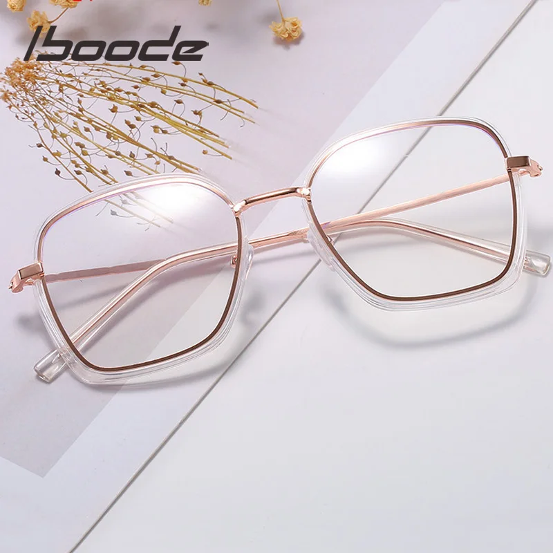 

iboode Flat Mirror Polygonal Glasses Frame Women Fashion Trendy Large Spectacle Frames Anti-blue light Optical Eyewear For women