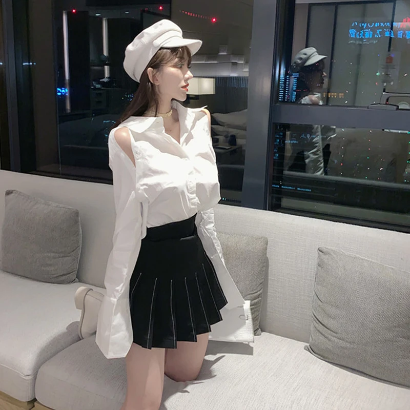 

Women's Clothing full turn-down collar hollow out white Korean style Backless shirts high quality Spring and autumn Trend tops