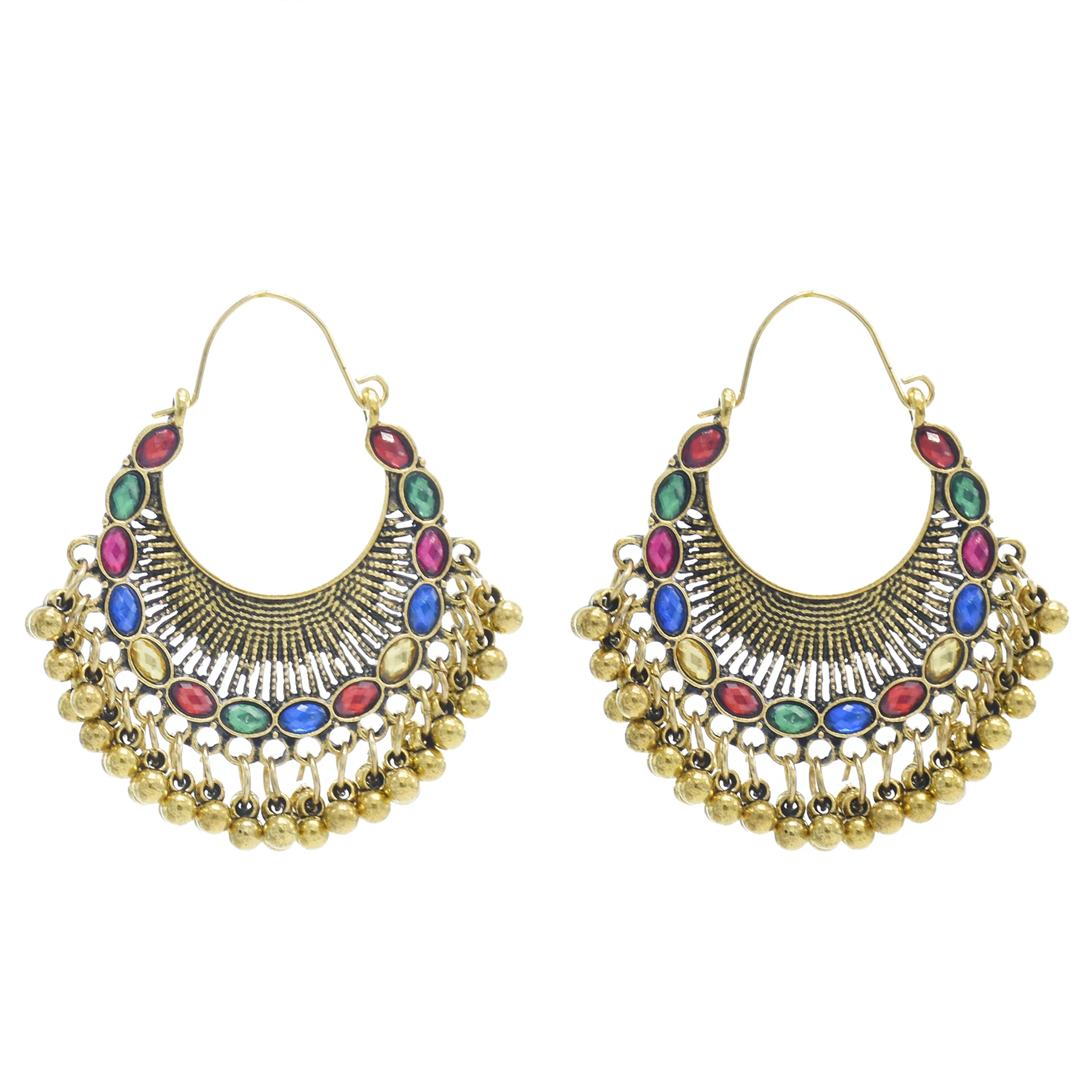 

Indian Gold Alloy Crystal Drop Earrings for Women Boho Hippie Fan Statement Jhumka Earring Piercing Party Tribal Jewelry Gift