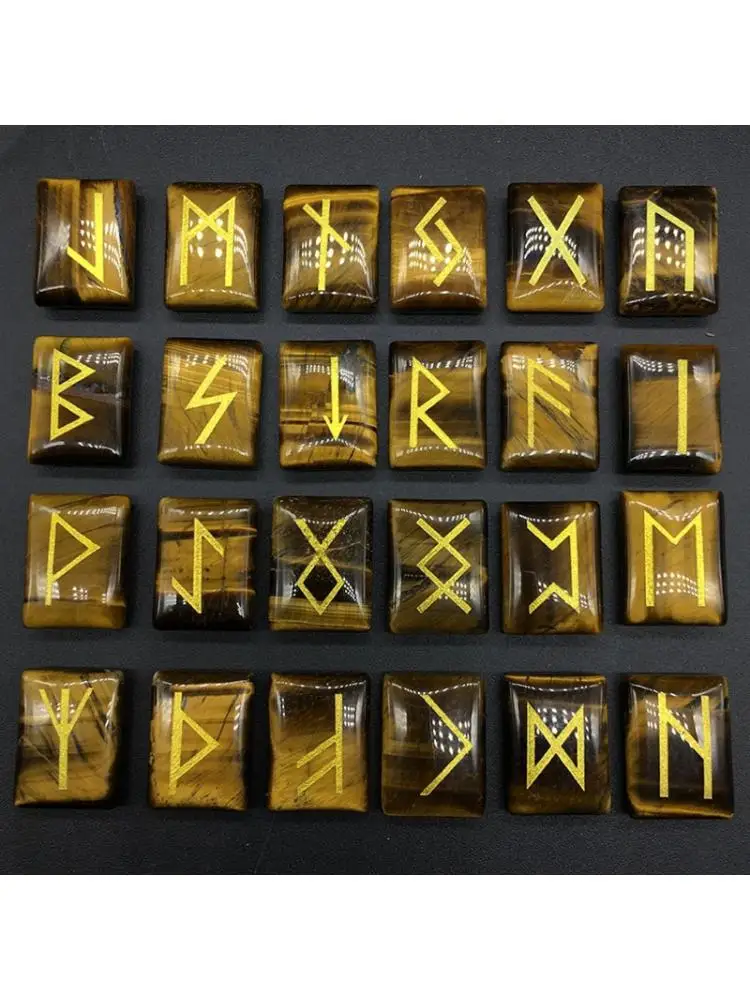 

25Pcs Tigereye Healing Gemstone Rune Stones Engraved Elder Futhark Rune Set Meditation Divination Healing Chakra Reiki