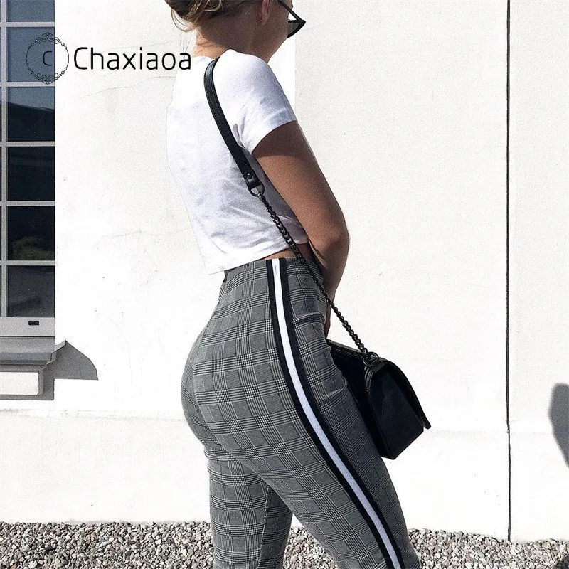 CHAXIAOA серые белые клетчатые брюки женские спортивные с полосками по бокам