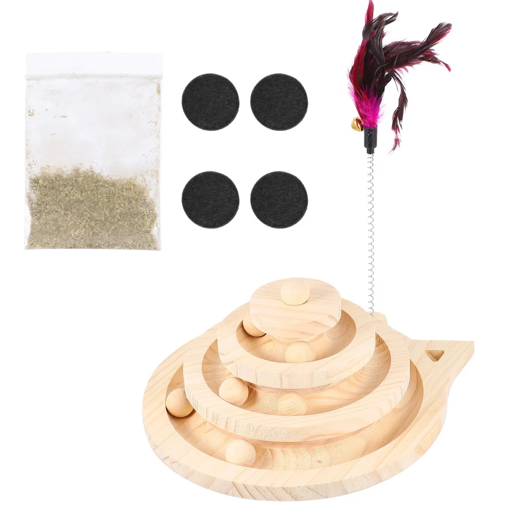 

Cat Kitten Wooden 3-Layer Turntable with Wooden Track Balls Kitten Plaything
