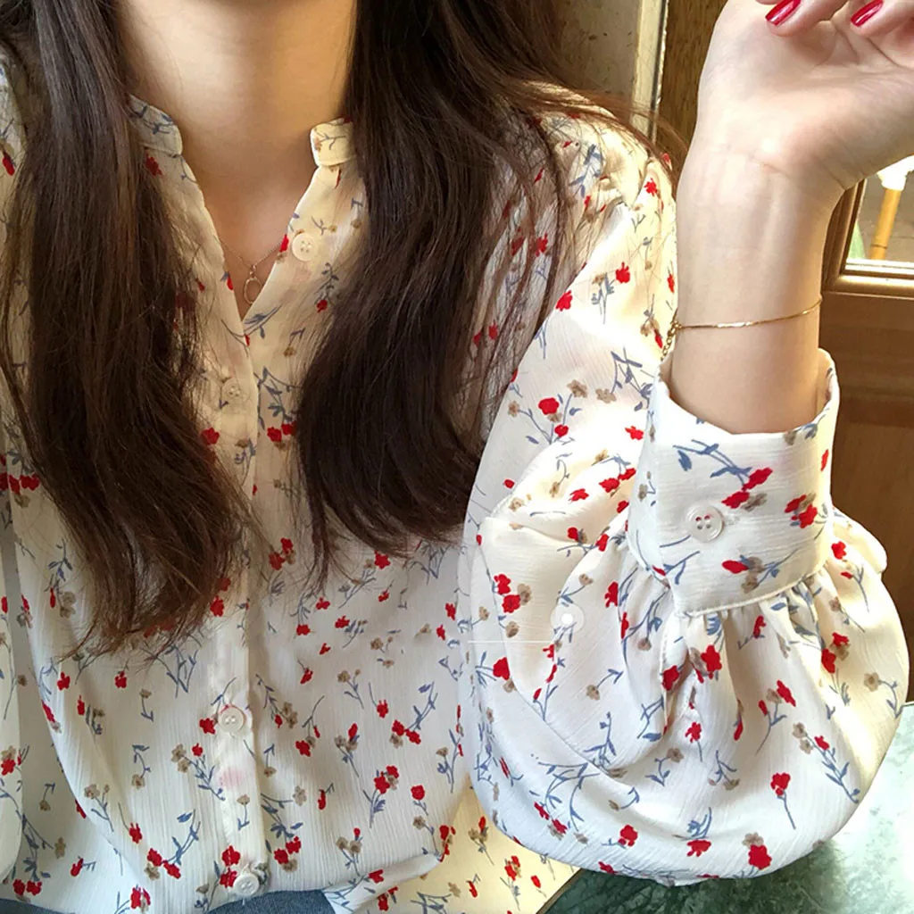 

Korean Version Women Spring Chiffon Shirts Long Puff Sleeve Printed Floral V-Neck Casual Tops Button Office Wild Shirts