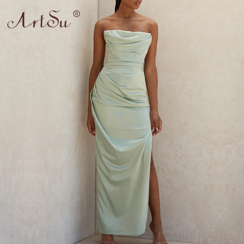 ArtSu зеленый Шелковый Атласный сексуальный корсет без бретелек женское Макси