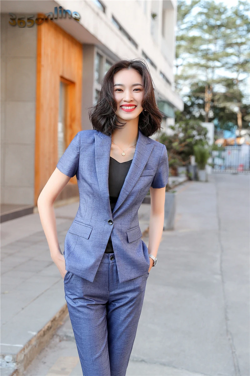 Женские деловые костюмы с коротким рукавом пиджак и брюки блейзеры из