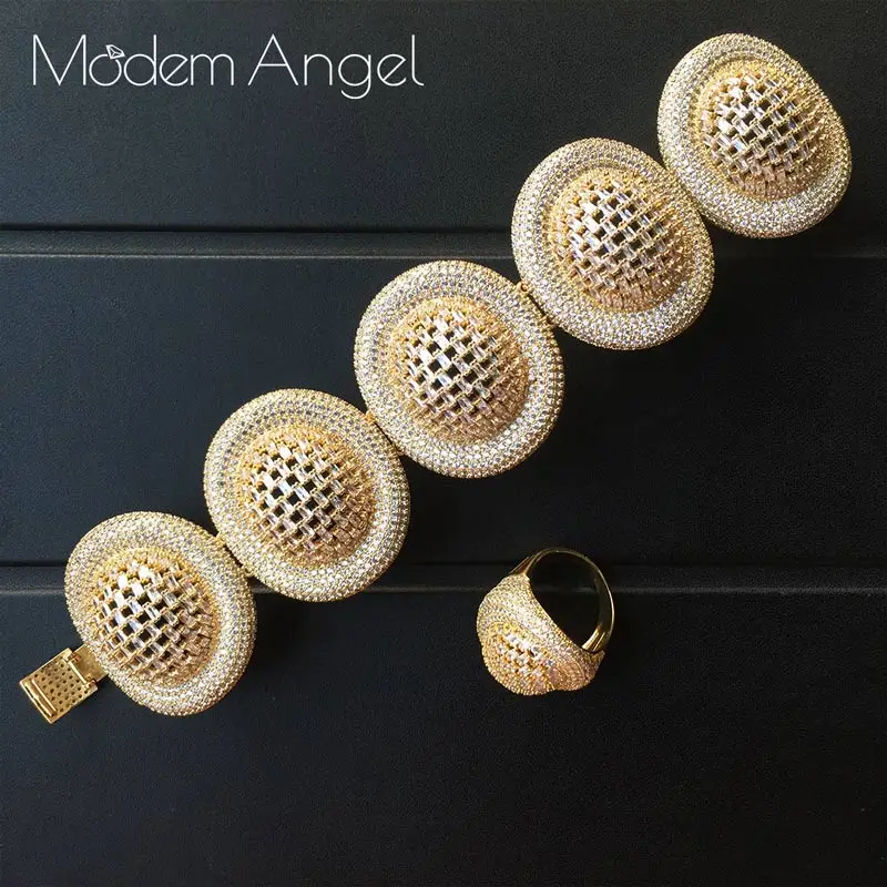 Золотой цвет ModemAngel Роскошные Брендовые женские ювелирные изделия золотой белый цвет кубического циркония кольцо и браслет наборы для женщин Свадебная вечеринка - Окраска металла: Золотой цвет