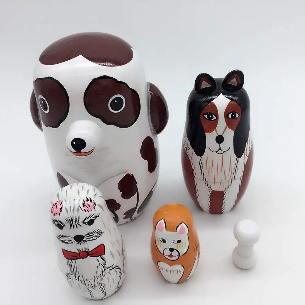 

5Pcs/Set Hand Painted Dotted Dog Animal Nesting Dolls Matryoshka Figurines Toy Educational Wooden Toy Gift for Children