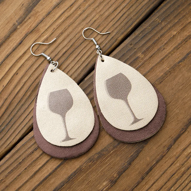 

Double Layer Faux Leather Wine Glass Earrings Wine Lovers Gift HJD83HFD8
