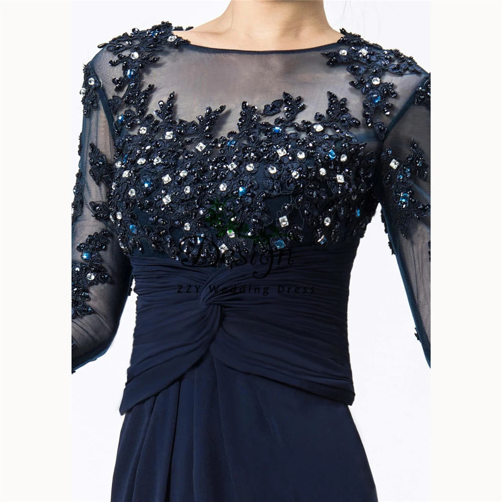 

Elegant Vestidos De Fiesta De Noche Navy Blue Chiffon Sheath Appliques Beading Pleat 3/4 Sleeves Full-Length Mother Of The Bride