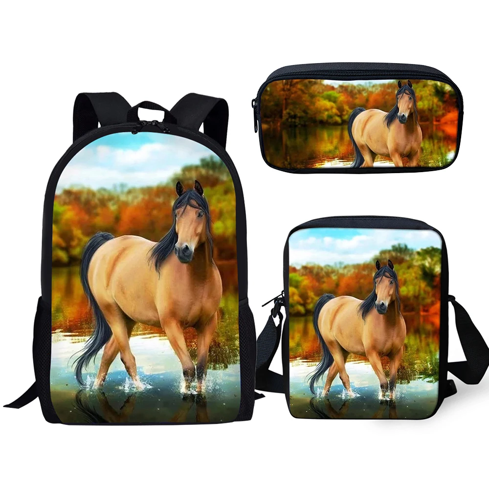 HaoYun Children's 3PCs Set Backpacks Cute White Horse Pattern Kids School Book Bags Students Backpack/Flaps Bag/Pen Bags